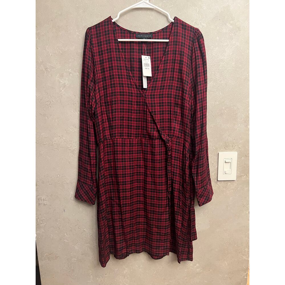NWT Sanctuary Anthropologie Red Black Plaid Wrap Long Sleeve Dress Sz 10 - Picture 5 of 16